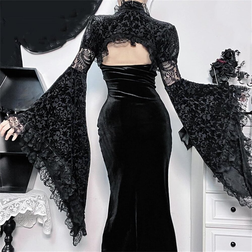 Women's Black 6 Goth Bell Long Sleeve Bolero Shrug Crop Top - Picture 4 of 7